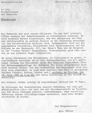 Schreiben von Bürgermeister Zölzer an alle Haushalte über die neue Müllkippe in der Buh und den Beginn der Müllabfuhr am 18. 03. 1966