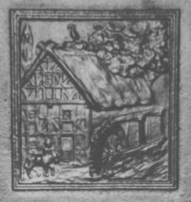 Kachel von Bauer Behlen mit einem Bild der Mühle und dem Wasserrad
