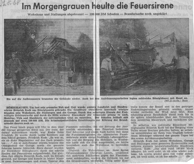 Zeitungsbericht über den Brand des Anwesens Heinrich Koch ( Henriekes) bei dem der gesamte Hof an der Dorfstrasse niederbrannte und ein Schaden von 100000 DM entstand