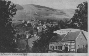 Bild zeigt eine Postkarte der Gaststätte Schäfer und des Dorfes