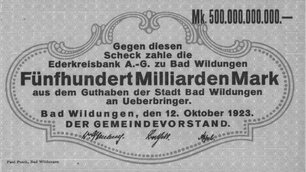 Bild zeigt einen Geldschein über 500 Milliarden Mark der Ederkreisbank vom 12. Oktober 1923